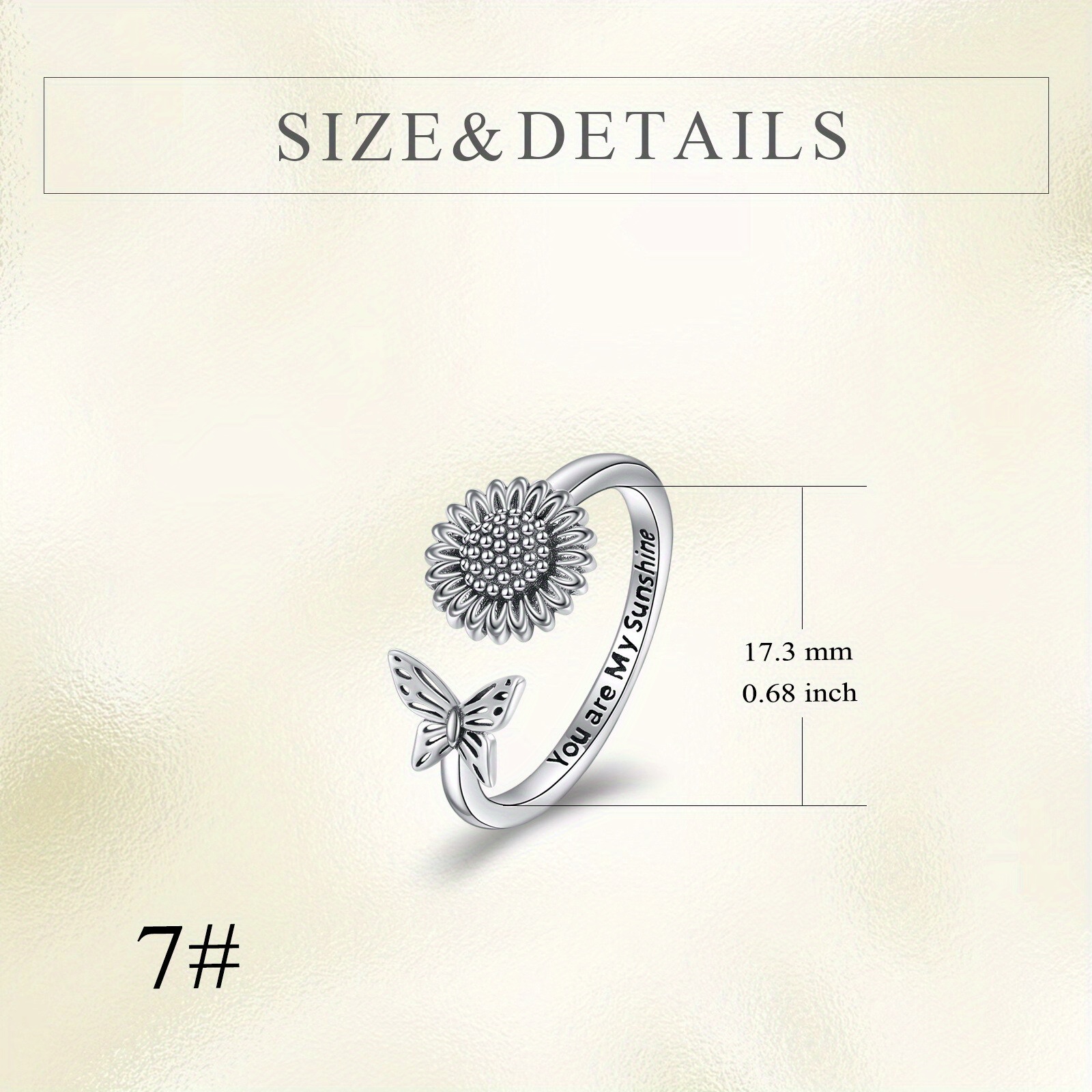 Sterling Silver Sunflower Butterfly Ring Vintage Adjustable